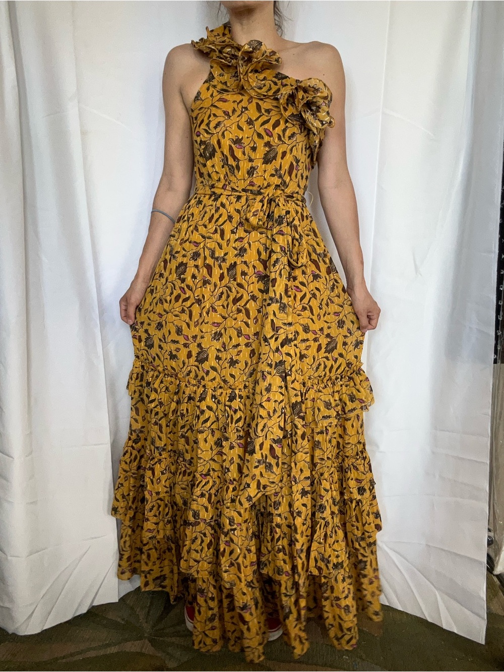 Ulla Johnson Mustard Floral One-Shoulder Ruffle Maxi Dress